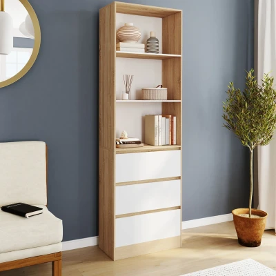 Image de Etagère bibliothèque CARLA 3 niveaux tiroirs blanc et effet bois H.190 cm IDMarket