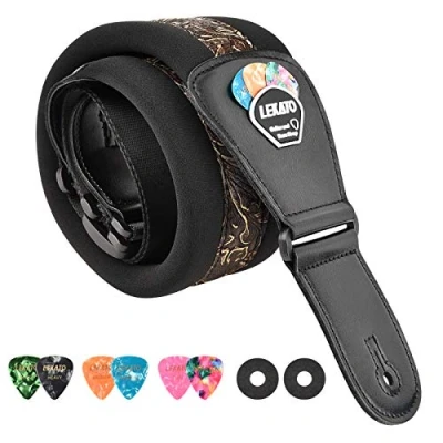 Afbeelding van LEKATO Gitaarriem voor elektrische en basgitaar, 7,6 cm breed, gevoerd, verstelbare riem met plectrumhouder, sloten plectrums, Bruin