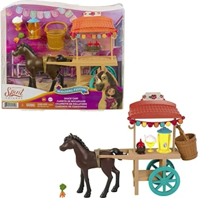 Afbeelding van Dreamworks Spirit GXF69, Untamed Miradero Snackwagen met echt draaiende wielen, luifel, pony en gerelateerde accessoires, geweldig cadeau voor 3 jaar ouder