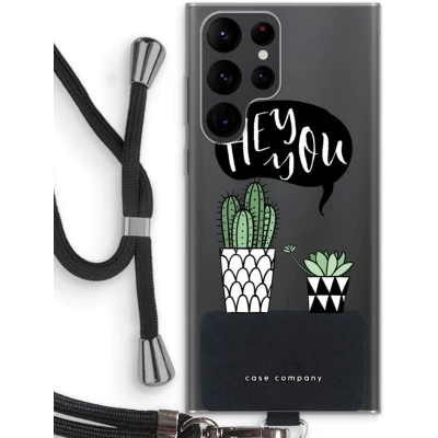 Afbeelding van Case Company® hoesje met Koord geschikt voor Samsung Galaxy S22 Ultra Hey you cactus Telefoonhoesje Zwart Bescherming aan alle Kanten en Over de Schermrand