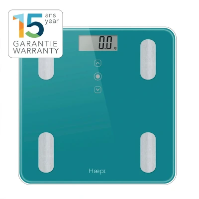 Afbeelding van Haepi Body Analyzer Volledige lichaamsanalyse: BMI, Kcal, gewicht, vetmassa, botmassa, vochtgehalte, spiermassa Modern en elegant design Maximale capaciteit van 180 kg 15 jaar garantie Inclusief batterijen Turkoois.