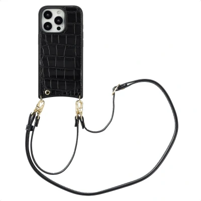 Afbeelding van Selencia Hoesje Geschikt voor iPhone 16 Pro met Pasjeshouder Nova Croco Backcover koord en pashouder Zwart