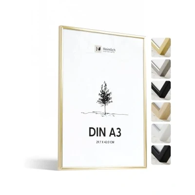 Afbeelding van Heimlich® 1 x fotolijst A3 30 42 cm van goudkleurig aluminium, lijst 29,7 cm, A4 documentenlijst, onbreekbaar acrylglas, uitstekende duurzame kwaliteit, wanddecoratie
