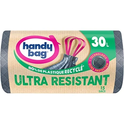 Afbeelding van Handy Bag Extra sterke vuilniszakken met schuifgrepen, 30 l x 15 zakken Ultra bescherming: inslag en drielaagse folie Lekvrije bodem Maximale waterdichtheid 100% gerecycled kunststof
