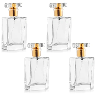 Afbeelding van Belle Vous 4 Pak Lege Navulbare Parfum Spuitflessen 50 ml Vierkant Doorzichtig Glazen Verstuiver met Gouden Bemistingspomp Draagbaar voor Reizen, Essentiele Olies, Aftershave en Meer