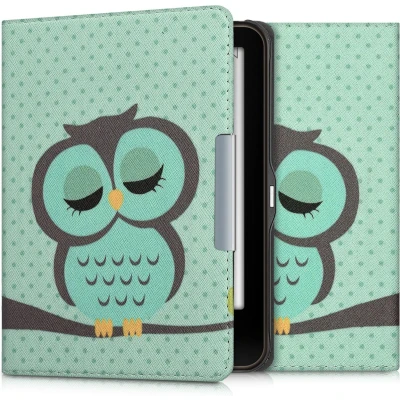 Afbeelding van kwmobile E reader hoesje geschikt voor Tolino Vision 1 / 2 3 4 HD hoes flip case met magnetische sluiting Ereader cover Slapende Uil design in turquoise bruin mintgroen