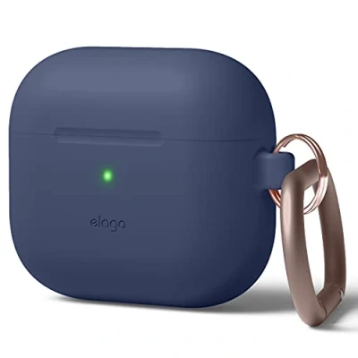 Afbeelding van elago Siliconen hoes met karabijnhaak, compatibel AirPods 3, premium siliconen, draadloos opladen beschikbaar, schokbestendige bescherming (Indigo jeans)