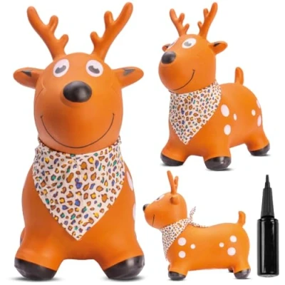 Afbeelding van Opblaasbaar springdier, speelgoed voor kinderen van 1 jaar binnen en buiten, ergonomisch design, inclusief handpomp (bruin dier met bandana)