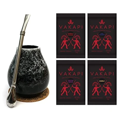 Afbeelding van Mate Green Maté bekerset, theestarterset, Marmol Dark keramische mok, 350 ml, roestvrijstalen bombilla, Vakapi thee uit Paraguay, alternatief voor koffie, sterke stimulatie,