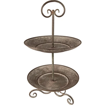 Afbeelding van Clayre &amp; Eef Etagère 2 laags Ø 28x53 cm Grijs Groen Ijzer