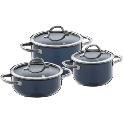 Afbeelding van WMF Fusiontec Inspire Set van 3 inductiekookpannen met high tech glazen en keramische deksel, krasbestendig, ongecoating, donkerblauw