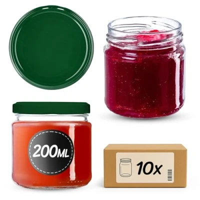 Afbeelding van KADAX Kleine inmaakpotten, 200 ml, luchtdicht, rond, FI66 mm, jampotten, bokalen, minipotten voor honing en kruiden, 10 stuks, groen
