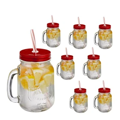 Afbeelding van Relaxdays drinkglazen deksel &amp; rietje set van 8 limonadeglazen transparant/rood