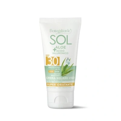 Afbeelding van Bottega Verde SOL Aloë hyaluronzuur Zonnebrandcrème voor het gezicht super hydraterend met hypergefermenteerd aloësap en hoge bescherming SPF30 (50 ml) Waterbestendig