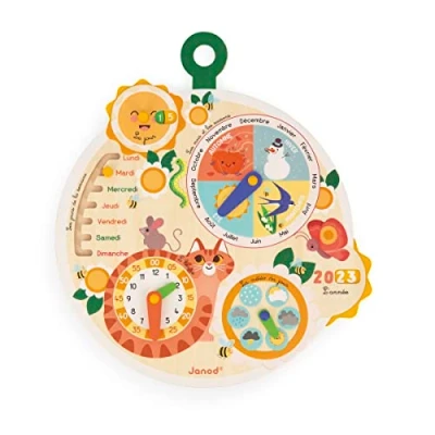 Afbeelding van JANOD Kat tijdkalender voor kinderen, educatief spel, speelgoed van hout, FSC vanaf 3 jaar, J09623, meerkleurig, 37,6 x 41,7 2,7