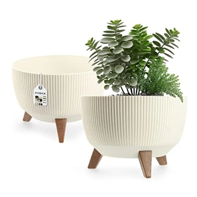 Afbeelding van KADAX Ronde bloempot van kunststof met drie steekhouders, voor balkon, woonkamer (Ø 29 cm, crème)