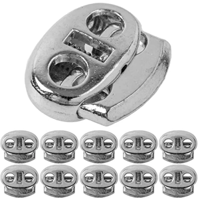 Afbeelding van 10 stuks metalen koordstopper met 2 openingsgaten, voor koorden tot 4 mm diameter, zilver, jas, sportkleding, rugzak, rubberen koord, snelsluiting, stuks, V1, gaten, stuks.