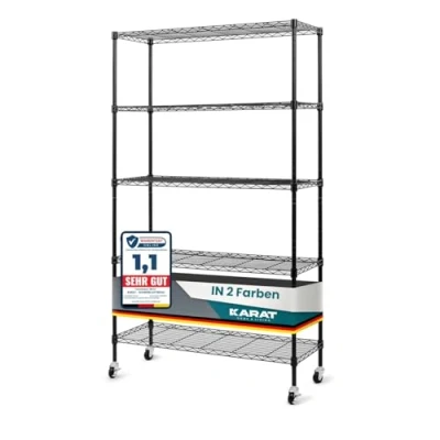 Afbeelding van KARAT Metalen rolrek met 5 planken, voor keuken, badkamer, kelder, opbergruimte tot 120 kg, rek wielen parkeerrem, zwart