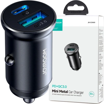 Afbeelding van Joyroom Mini Autolader Dubbele Snellader USB C &amp; A 30W Zwart