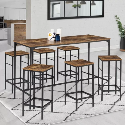 Image de Ensemble table haute de bar DAYTON 150 cm et 6 tabourets effet vieilli design industriel