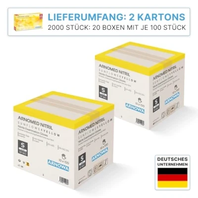 Afbeelding van ARNOMED gele wegwerphandschoenen, nitril handschoenen, maat S, wegwerphandschoen 2000 stuks (20 dozen), poedervrij en latexvrij, wegwerphandschoenen in XS, M &amp; L