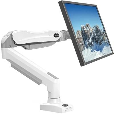 Afbeelding van HUANUO Monitorhouder voor schermen van 13 tot 32 inch, monitorarm met gasveer in wit, verstelbare houder zware computerschermen 9 kg, VESA klem en fitting
