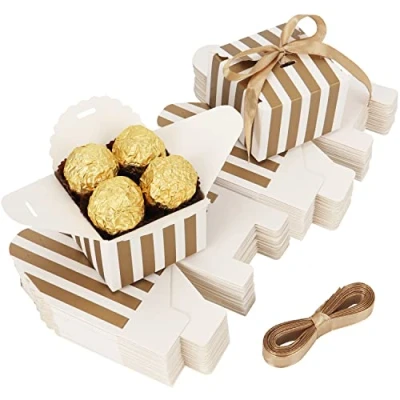 Afbeelding van Belle Vous 60 Pak Wit &amp; Gouden Kartonnen Geschenkdoosjes met Lint 6,5 x 4,6 cm Huwelijks Geschenk/Snoep Doosjes voor Jubileum, Verjaardagsfeest of Bruidsshower