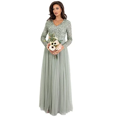 Image de Maya Deluxe Womens Ladies Dress Sleeve for Wedding Guest V Neck High Empire Waist Maxi Long Length Soirée Bridesmaid Bal Vêtements Femme, Lys vert., 48