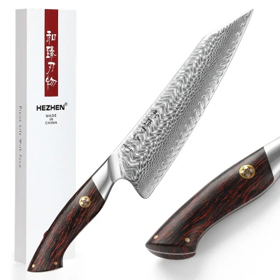 Afbeelding van Poederstalen Damascus Koksmes HEZHEN B38 Series 73 laags Zwart rood G10 handvat Vlijmscherp Professioneel keukenmes