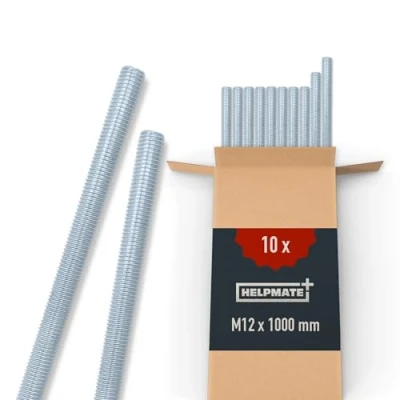 Afbeelding van HELPMATE Tige filetée M12 x 1000 mm en acier galvanisé Lot de 10 tiges filetées métriques entièrement Vis sans tête classe résistance 4.8, DIN 976