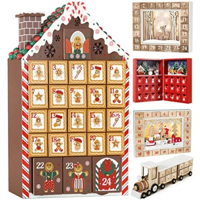 Afbeelding van BRUBAKER Herbruikbare houten Adventskalender om te vullen Peperkoekhuisje met LED verlichting Doe het zelf kalender 26,2 x 45 5,5 cm