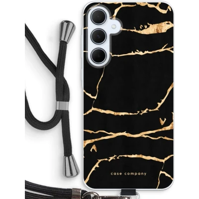 Afbeelding van Case Company® hoesje met Koord geschikt voor Samsung Galaxy A35 Gouden marmer Telefoonhoesje Zwart Bescherming aan alle Kanten en Over de Schermrand