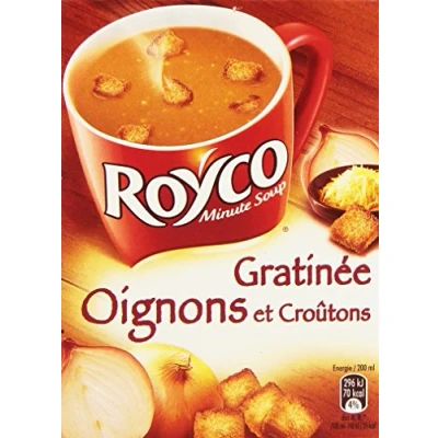 Afbeelding van Royco Minute Soep Gedroogde Gegratineerde Uien en Croutons 4 zakjes van 20 cl 62,4 g 6 stuks
