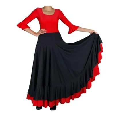 Afbeelding van Flamenco rok met 2 ruches, Zwart rood, en rood.