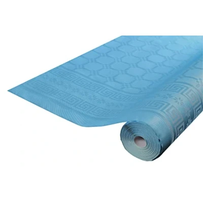 Afbeelding van Pro tafelkleed: 12 damastpapieren wegwerptafelkleden op een rol van 6 m lang en 1,20 breed, turquise/blauwe kleur. Damastpapier met chic klassiek universeel patroon.