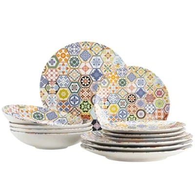 Afbeelding van MÄSER Serie Amarante 12 delig tafelservies voor 4 personen met speciale tegeldecoratie, soepborden, platte borden en dessertborden kleurrijk decoratief decor, steengoed