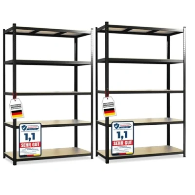 Afbeelding van KARAT Lakota Rek voor zware lasten, 2 stuks, steekrek, kelderrek, TÜV/GS getest, 5 verstelbare planken (zwart, 180 x 90 40 cm)