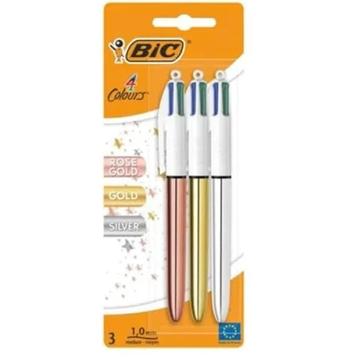 Afbeelding van BIC 4 Kleuren Shine Balpennen Verpakking van 3 Stuks Roségoudkleurige, Zilverkleurige en Goudkleurige Hulzen Medium Punt 1 mm