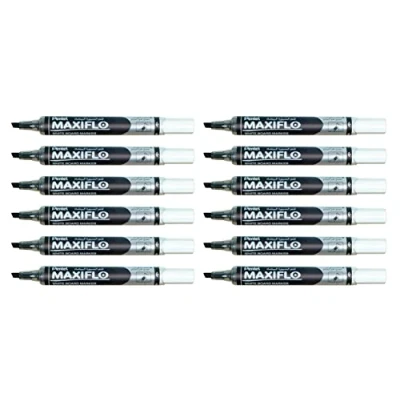 Afbeelding van Pentel Maxiflo Marker, fijne beitelpunt, droog afwisbaar, zwart, 12 stuks