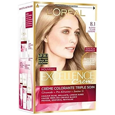 Afbeelding van L&#039;Oréal Paris Excellence Cream, permanente haarkleur, drievoudige verzorging, 100% dekking voor wit haar, kleur 8,10 lichtblond asblond