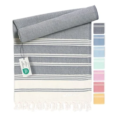 Afbeelding van Fit Flip Hamam Strandhanddoek, Fouta van 100% katoen, licht, sneldrogend, perfect accessoire als XXL strandlaken of pareo, marineblauw, 100 x 200 cm Diamond