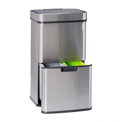 Afbeelding van Relaxdays prullenbak afvalscheiding 3 vakken rvs afvalscheider afvalbak sensor 60 l