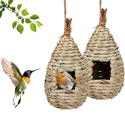 Afbeelding van 2 stuks vogelhuisjes voor wilde vogels, vogelhuisje, geweven, vogelnest, handgemaakt, vogelhuisje buiten, om op te hangen, geschikt kleine vogels zoals kolibries