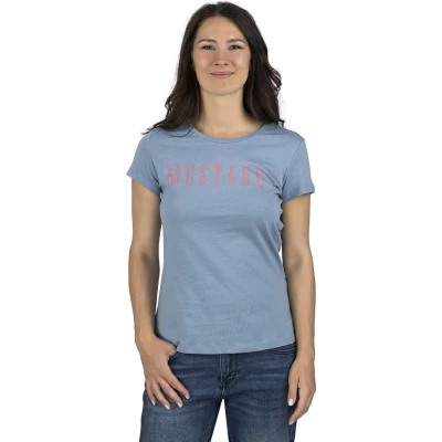 Afbeelding van Mustang Dames T shirt Alexia C Logo slim fit Blauw S ronde hals Volwassenen Basic met korte mouwen en gemaakt van 100% katoen