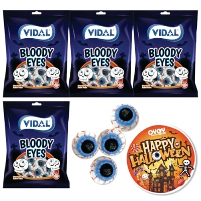 Afbeelding van OYOY 4 stuks Halloween oogsnoepjes, x 90 g snoepjes, fruitsnoepjes, bige ogen, snoep, plus griezelige stickers