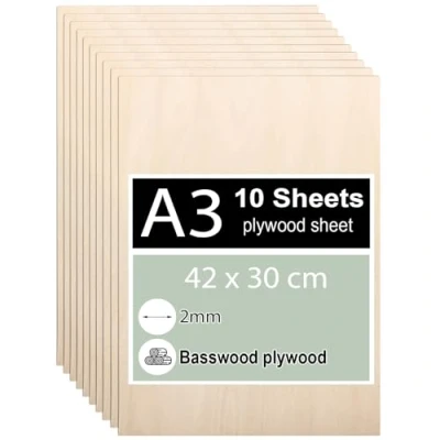 Afbeelding van 10 stuks multiplexplaten 2 mm DIN A3 42 x 30 cm multiplex lindemultiplex dun gesneden voor houtbewerking, laserwerk, brandschilderen, modelbouw, decoratie,
