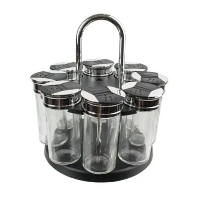 Afbeelding van S&amp;D Saveur et Dégustation KM4085 Kruidencarrousel ronde roterende dispenser 8 potten zwart grijs en transparant kunststof glas deksel dubbele kleppen D 19 x H 20,5 cm