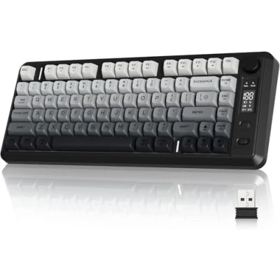 Afbeelding van FREEWOLF M75 Clavier sans fil bimode, Bluetooth+2,4GHz, commandes et écran tactile, 82 touches compactes en PBT dégradé, éclairage arc ciel,2000mAh, conflit de pour Mac/Windows Noir