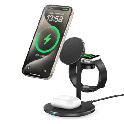 Afbeelding van DEESOOCO Mag Safe 15 W inductief laadstation voor iPhone 14,3 in 1 meerdere apparaten, oplader iWatch Ultra 2/1/Series 9, AirPods, zwart