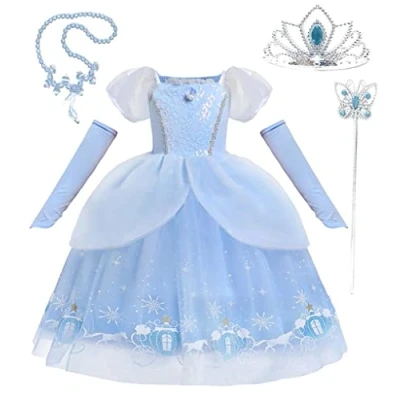 Afbeelding van Lito Angels Kostuum prinses Assepoester jurk met handschoen en accessoires voor kinderen, meisjes, maat 3 4 jaar, blauw